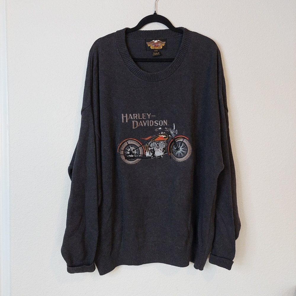 Vintage Harley Davidson Motorcycle Gray Knit Pullover Sweater Men’s Size XXXL